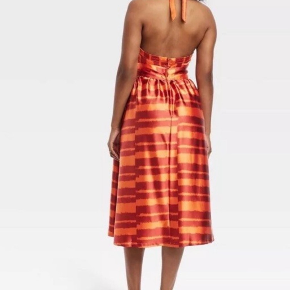 Orange and Black Sleeveless Halter Wrap Dress
